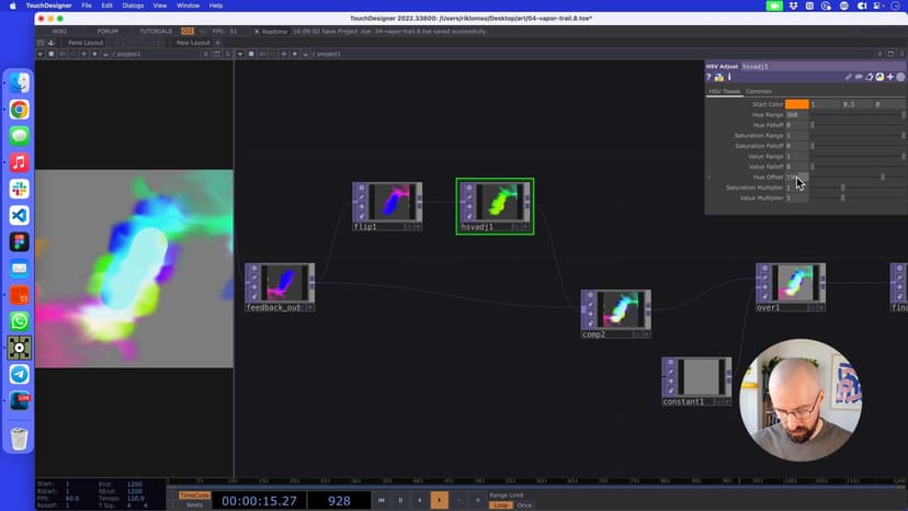 HSV stands for hue, saturation, and value, which is an alternative way to describe color as numbers (similar to red, green, and blue). Here we alter our colors to change the hue of our flipped image.