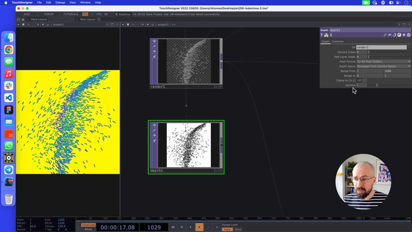 With a Depth TOP, we can process the original rendered texture and calculate how far away things are from the camera. We can then use this information to add some fog to the scene.