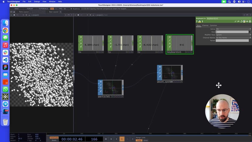 Sometimes, we want to smash that 1 key to reset everything in our system. Just like with feedback loops, we are going to use a Keyboard In to reset our particle system for times when we want to refresh.