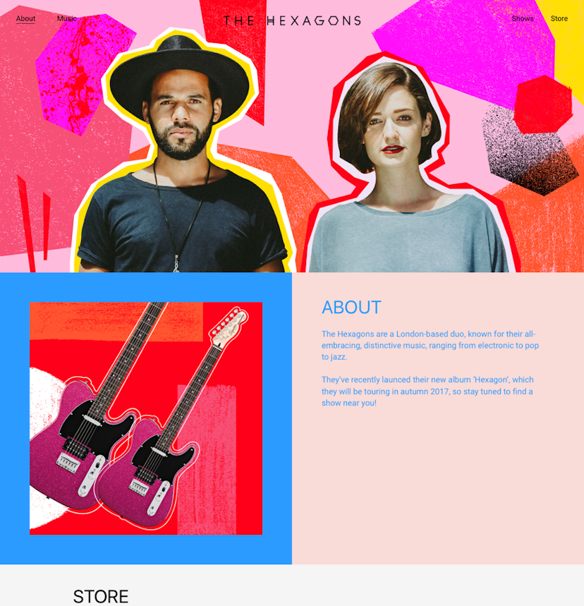 Although they’re a fictional band, The Hexagaons have a website that will rival most of today’s biggest artists! This week’s project has been designed by London based graphic and digital designer Meara Withe (website and Twitter). You’ll hopefully already recognise her work from week 3 Lola’s project, so you’re in store again for another explosively colourful and heavily graphic visual treat.The real challenge here is how to achieve the menu effect with a centered logo between two navigation sections. Give it your best shot, but if you get stuck the solution is here. Oh, and try your best to use flexbox for things like the header and album elements.There’s also the same JavaScript effects used to filter the products, which can pretty much be borrowed over from Essmei.