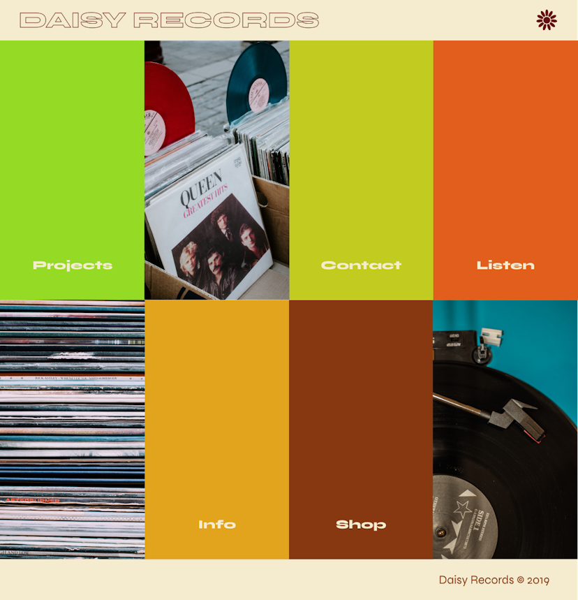 So we've covered the different types of grids and layouts. For this week's homework, design a modular grid landing page for Swedish record shop, Daisy Records.

We'll provide the blocks, fonts and a 5-color palette, but feel free to take your homework to the next level by experimenting with your own color palette and/or photos!